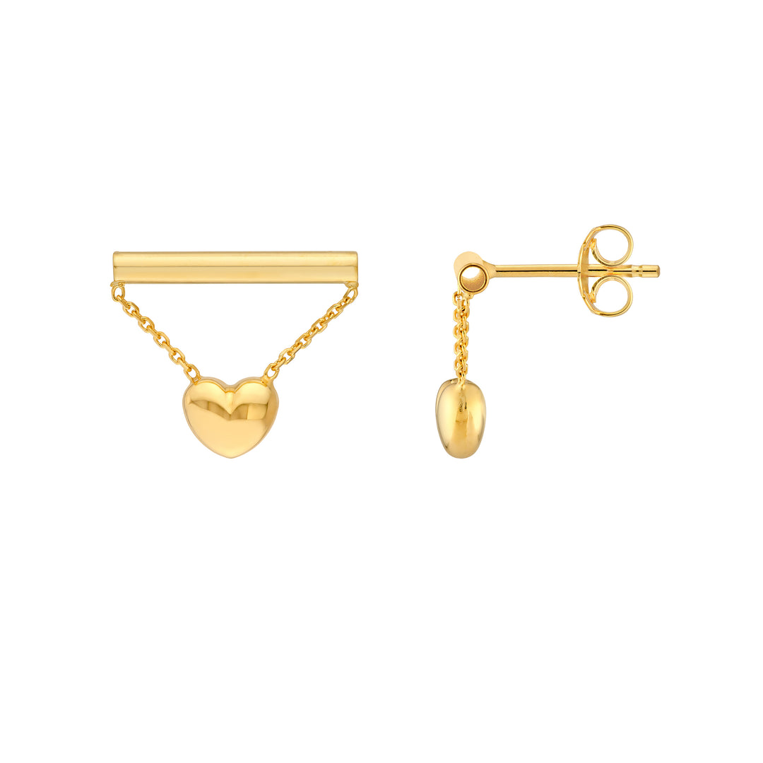 Horizontal Bar Earrings with Dangle Heart Chain
