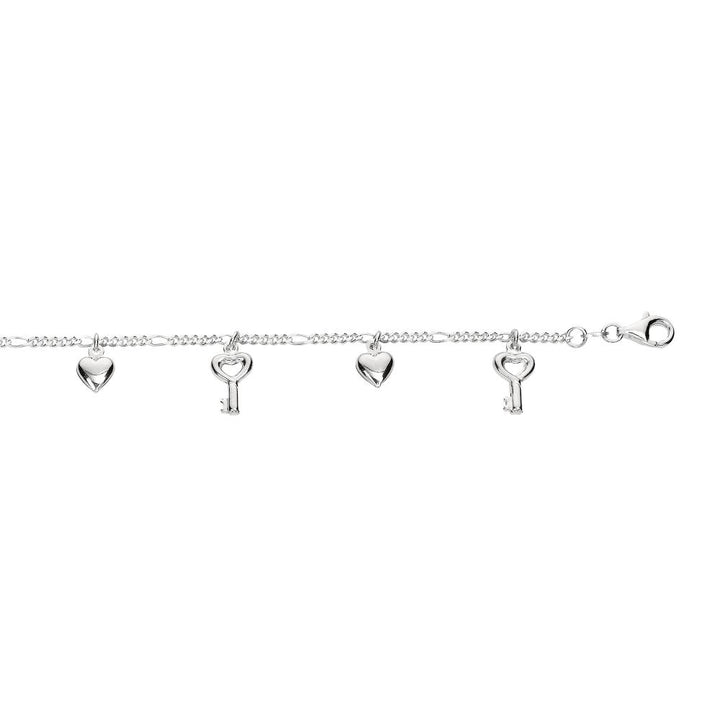 Silver Dangle Key and Hearts Anklet