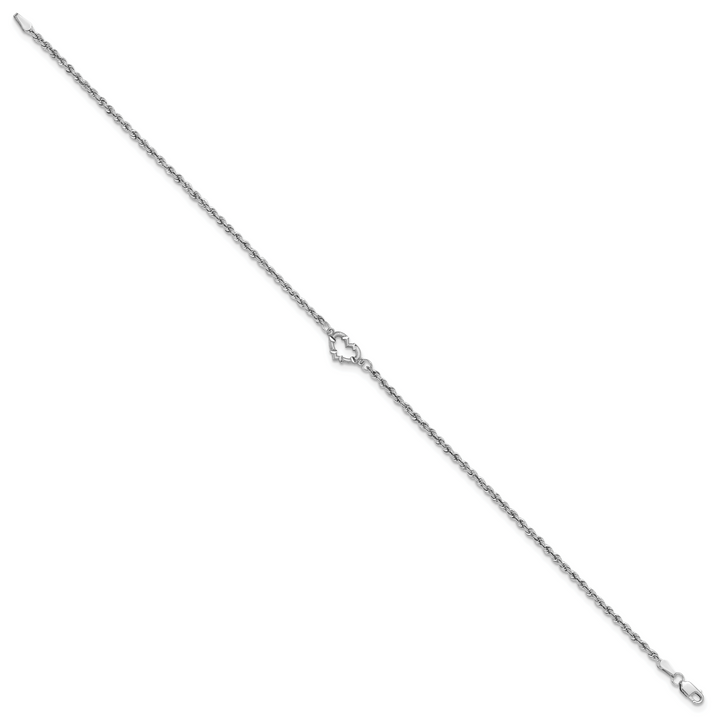 14k White Gold Diamond-cut Hollow Rope with Heart 9in Anklet