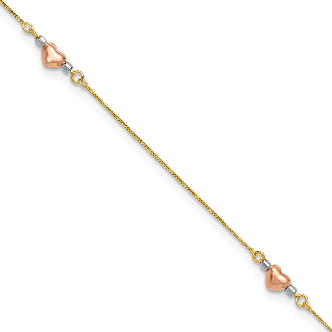 14k Tri-Color Puffed Heart 9in Plus 1in ext Anklet