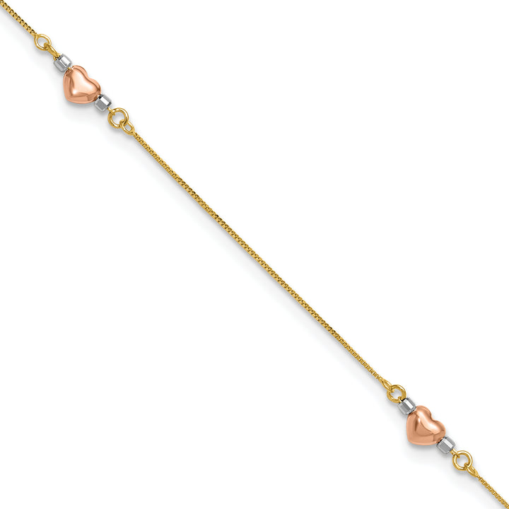 14k Tri-Color Puffed Heart 9in Plus 1in ext Anklet