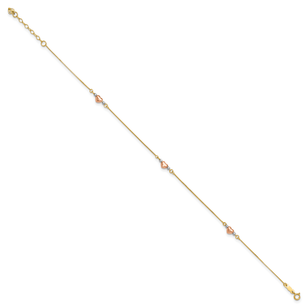 14k Tri-Color Puffed Heart 9in Plus 1in ext Anklet