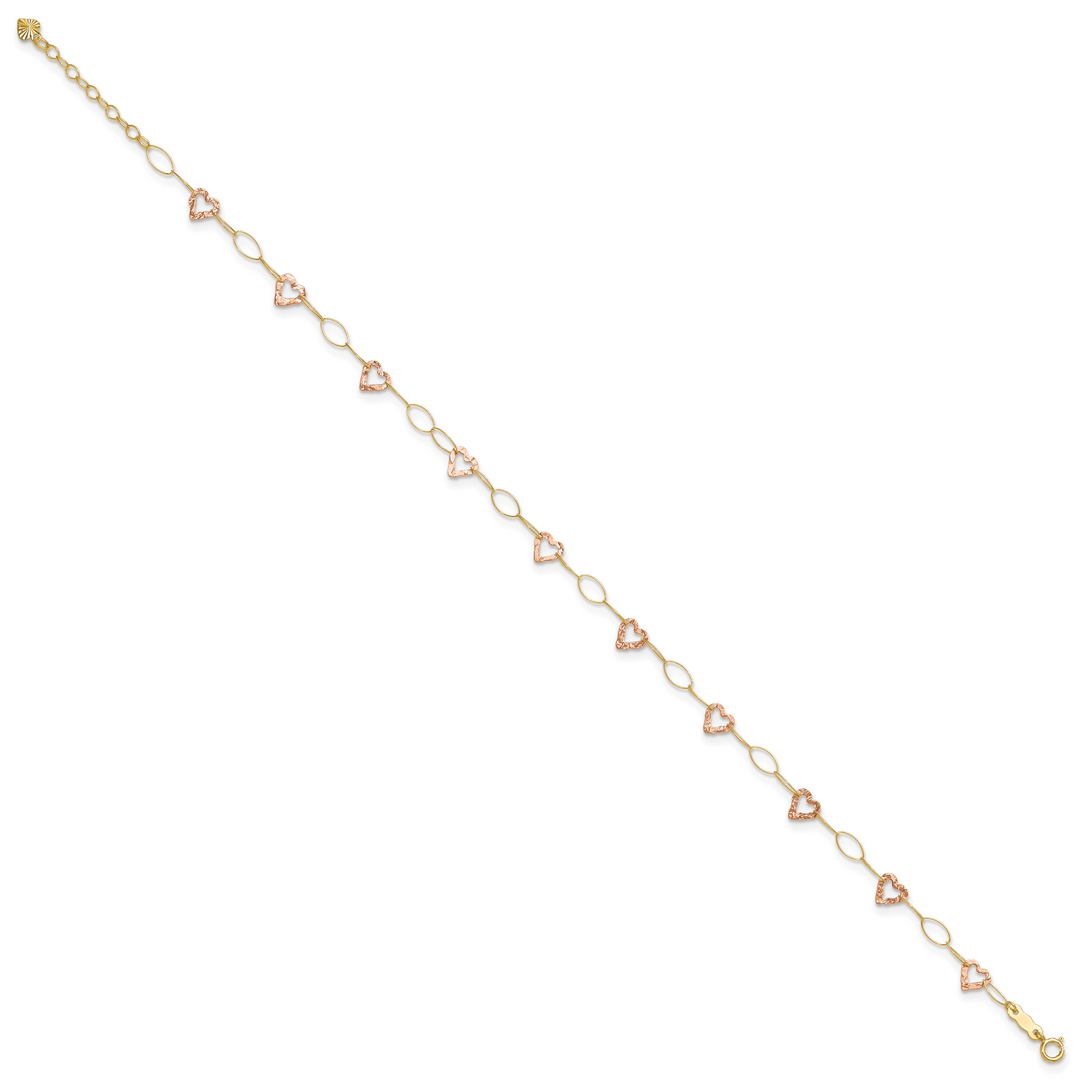 14k Two-tone Adjustable Heart 9in Plus 1in extension Anklet