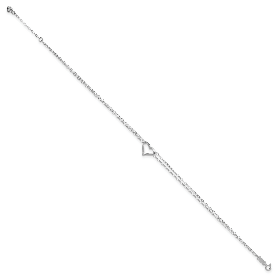 14k White Gold Double Strand Heart 9in Plus 1in ext. Anklet