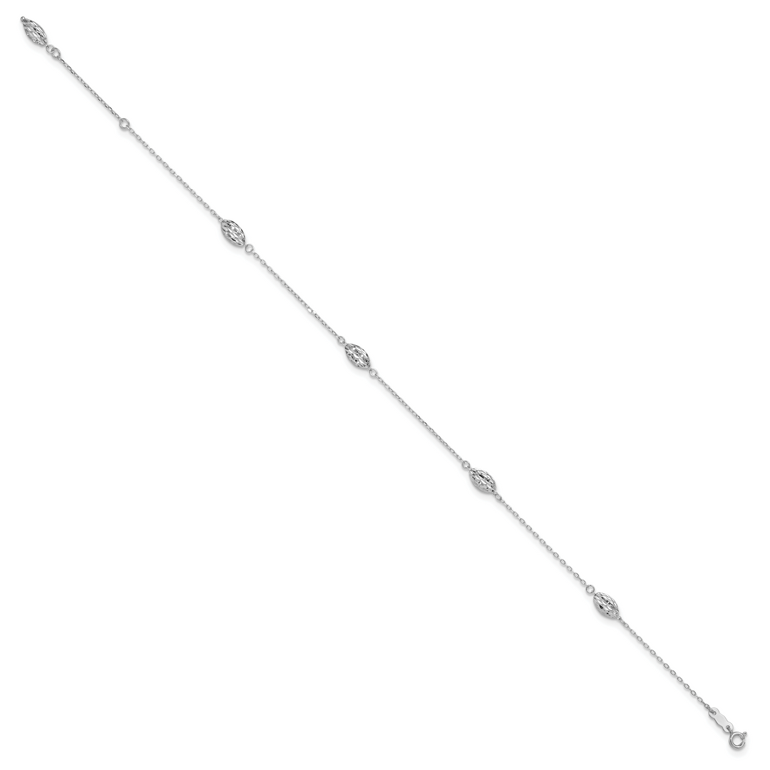 14k White Gold Puffed Rice Bead 9in Plus 1in ext. Anklet