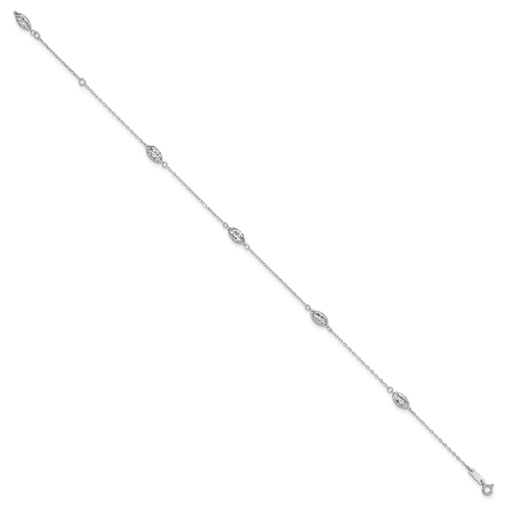 14k White Gold Puffed Rice Bead 9in Plus 1in ext. Anklet