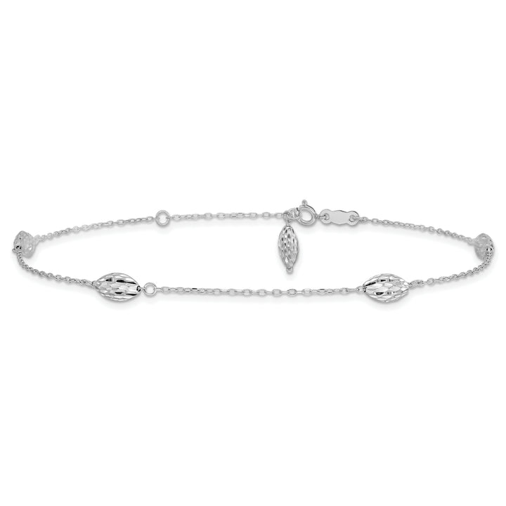 14k White Gold Puffed Rice Bead 9in Plus 1in ext. Anklet