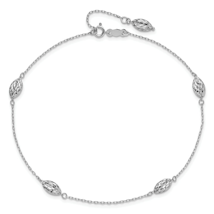 14k White Gold Puffed Rice Bead 9in Plus 1in ext. Anklet