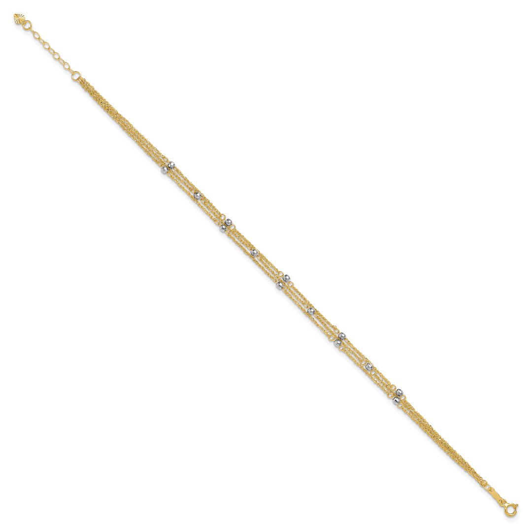 14k Two-tone Triple Strand 9in Plus 1in ext. Anklet