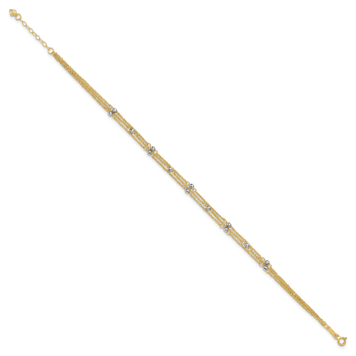 14k Two-tone Triple Strand 9in Plus 1in ext. Anklet