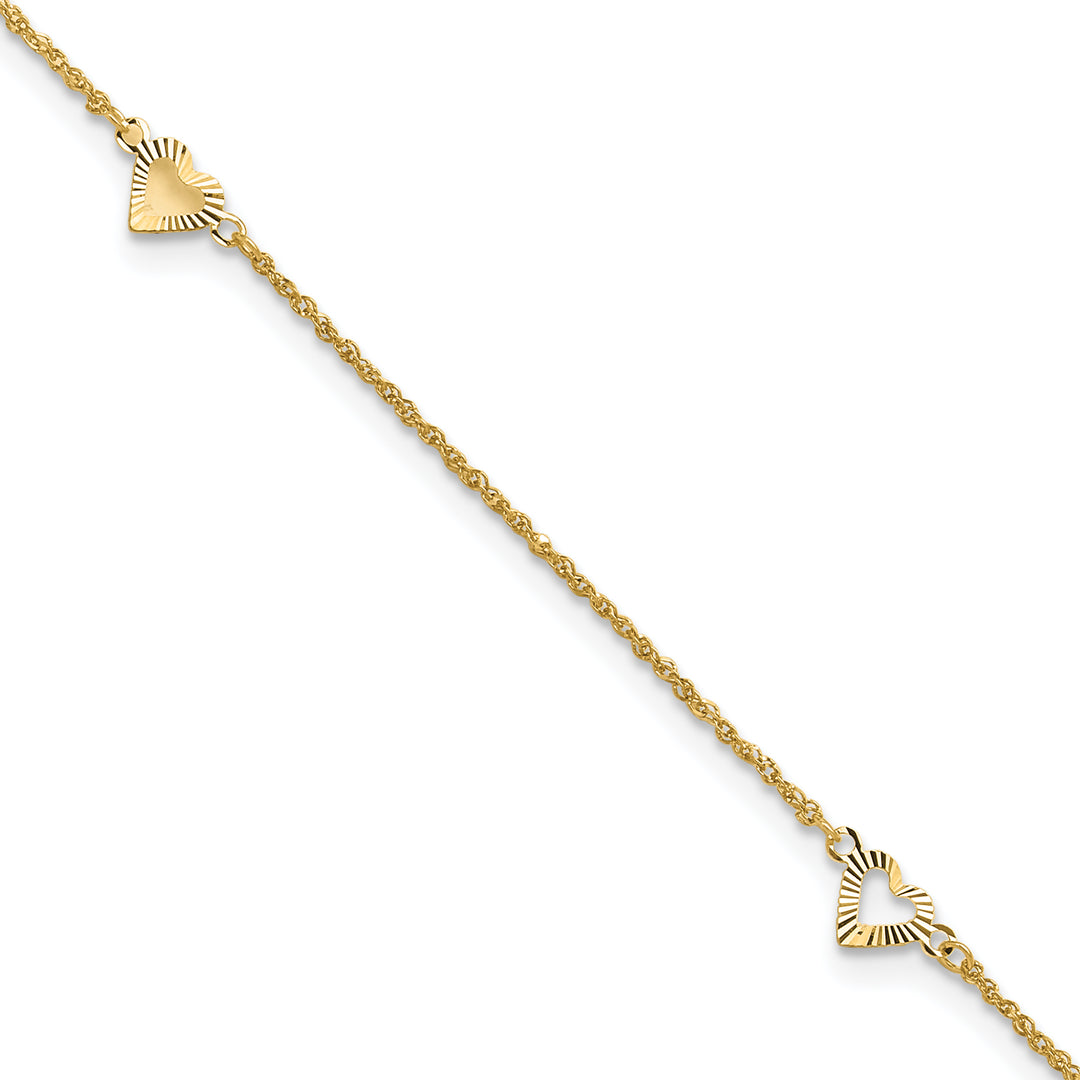 14k Diamond-cut Hearts 9in Plus 1in ext Anklet