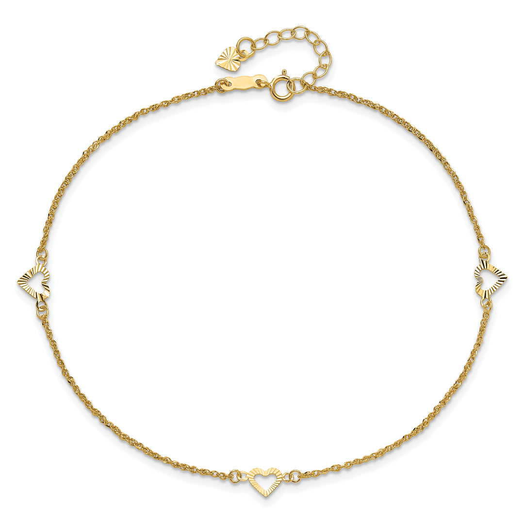 14k Diamond-cut Hearts 9in Plus 1in ext Anklet