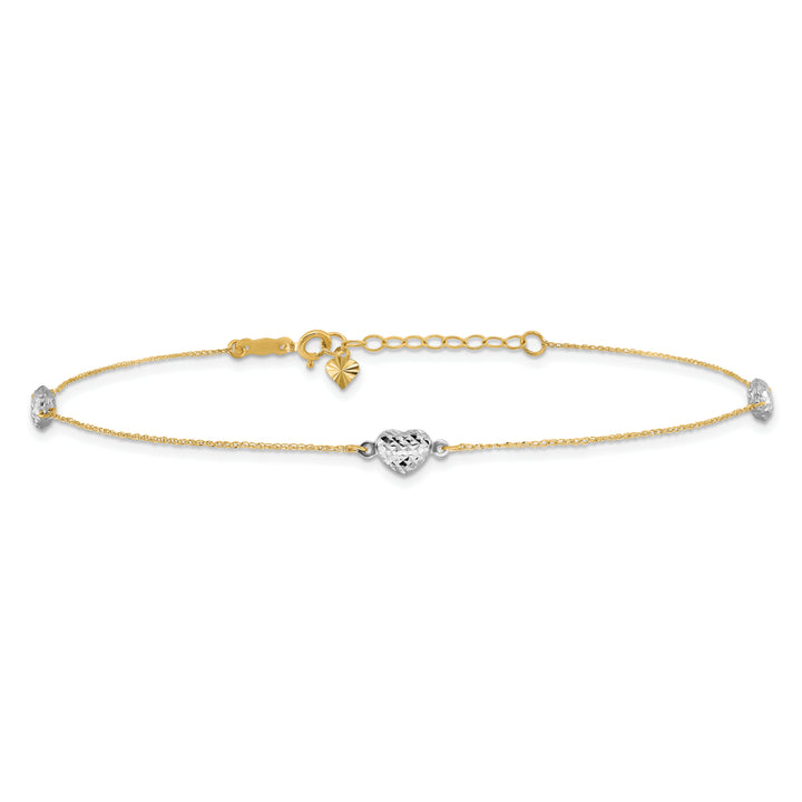14k Two-tone Puff Heart 9in Plus 1in ext Anklet