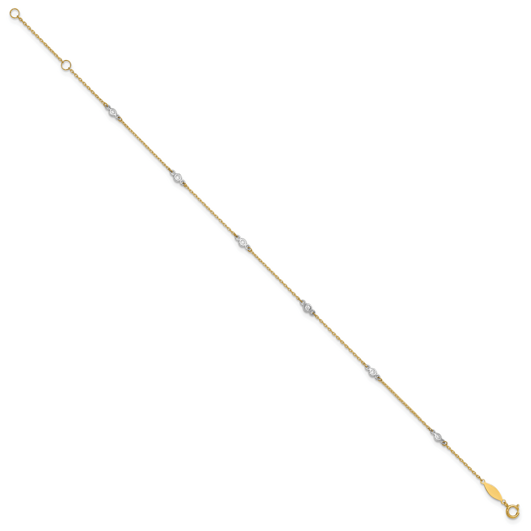 14k Two-tone CZ 9in Plus 1in ext. Anklet