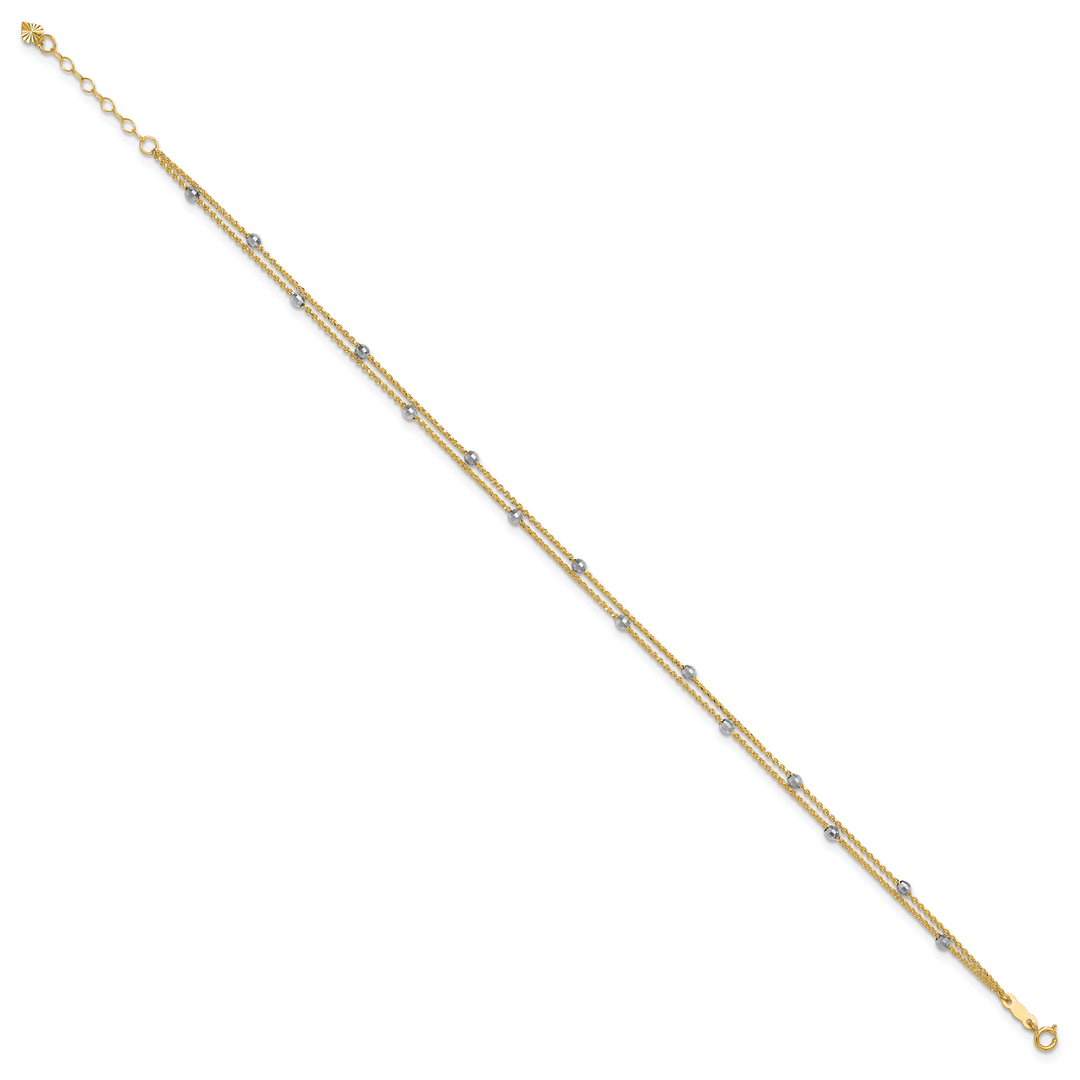 14K Two-tone 2-Strand Spiga Mirror Beads 9in Plus 1in Ext. Anklet