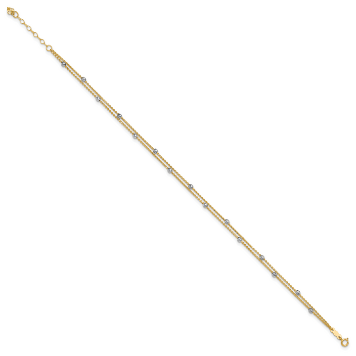 14K Two-tone 2-Strand Spiga Mirror Beads 9in Plus 1in Ext. Anklet