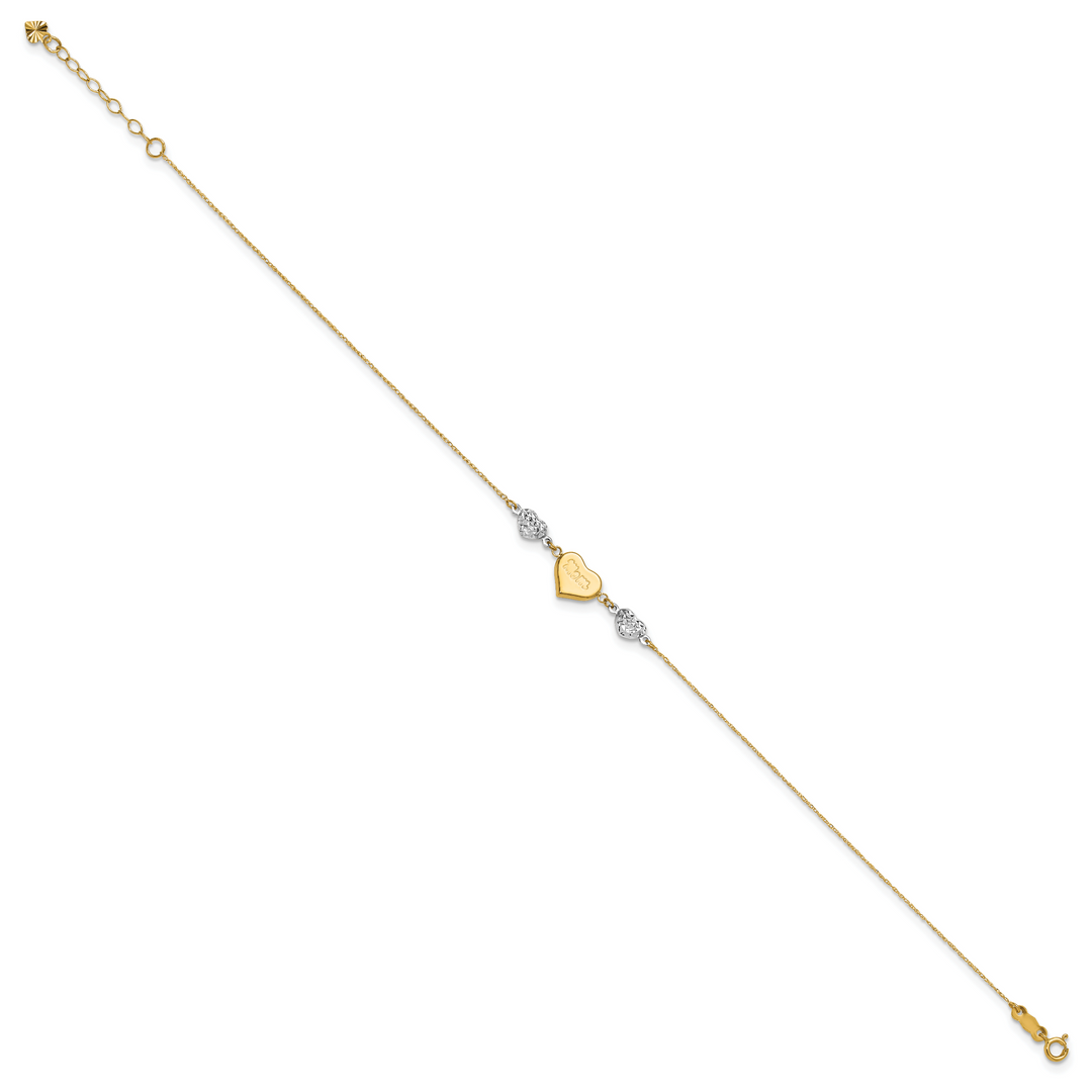 14K Two-tone Diamond-cut Puffed Hearts MOM 9in Plus 1in ext Anklet
