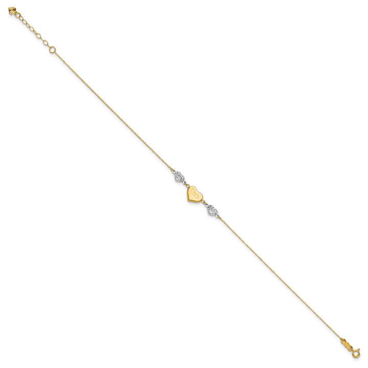 14K Two-tone Diamond-cut Puffed Hearts MOM 9in Plus 1in ext Anklet