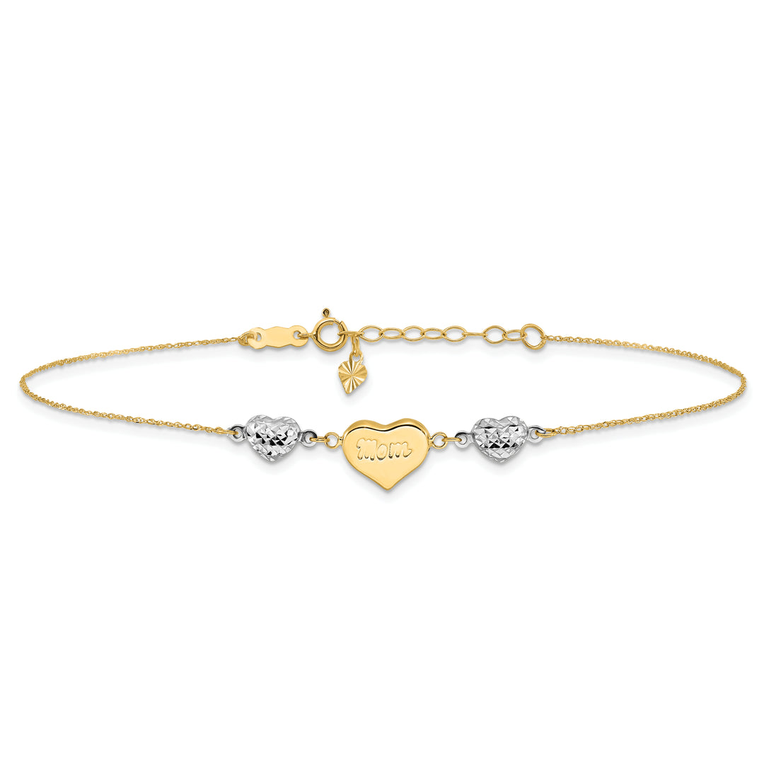 14K Two-tone Diamond-cut Puffed Hearts MOM 9in Plus 1in ext Anklet