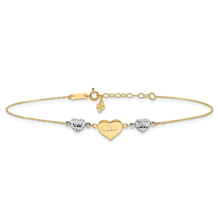 14K Two-tone Diamond-cut Puffed Hearts MOM 9in Plus 1in ext Anklet