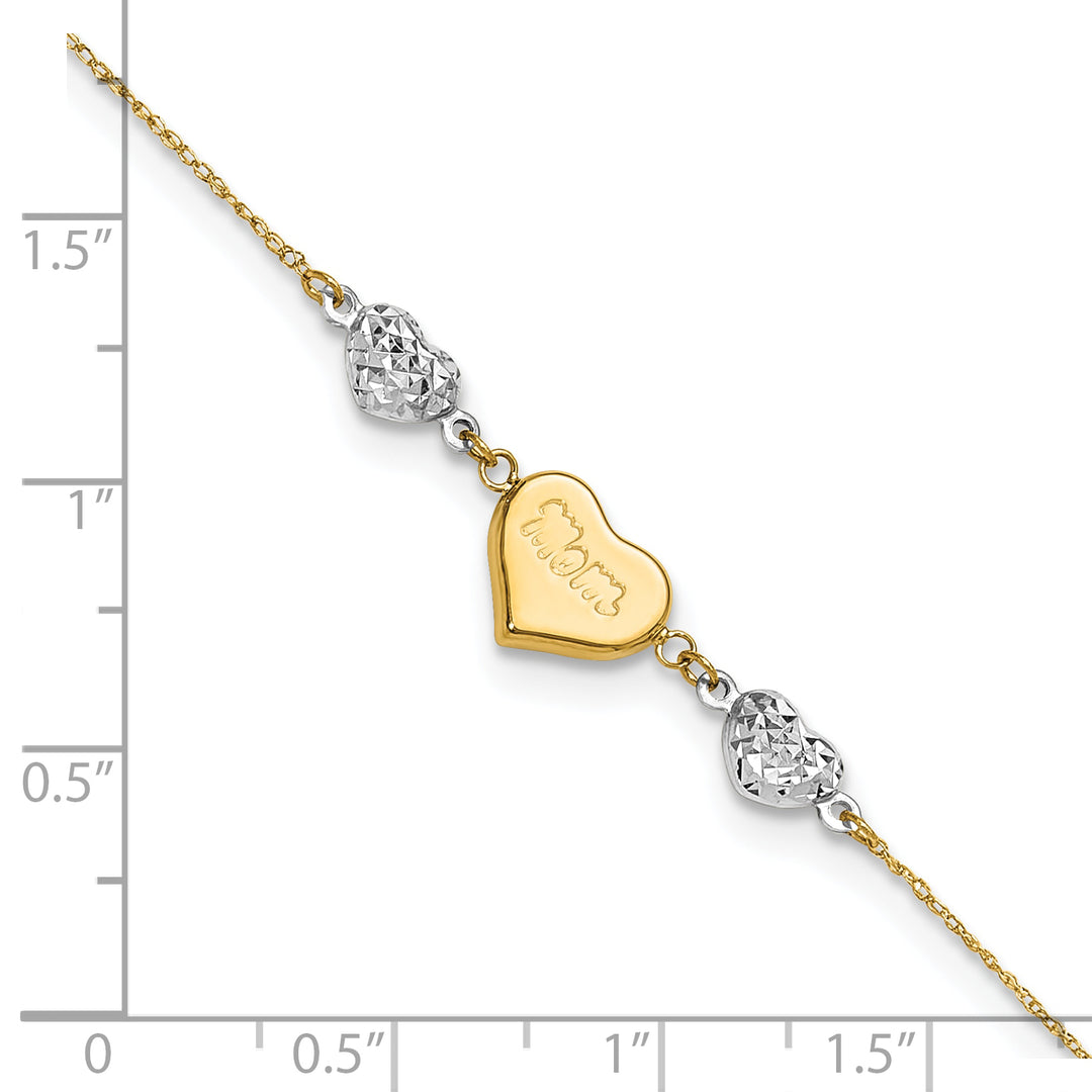 14K Two-tone Diamond-cut Puffed Hearts MOM 9in Plus 1in ext Anklet