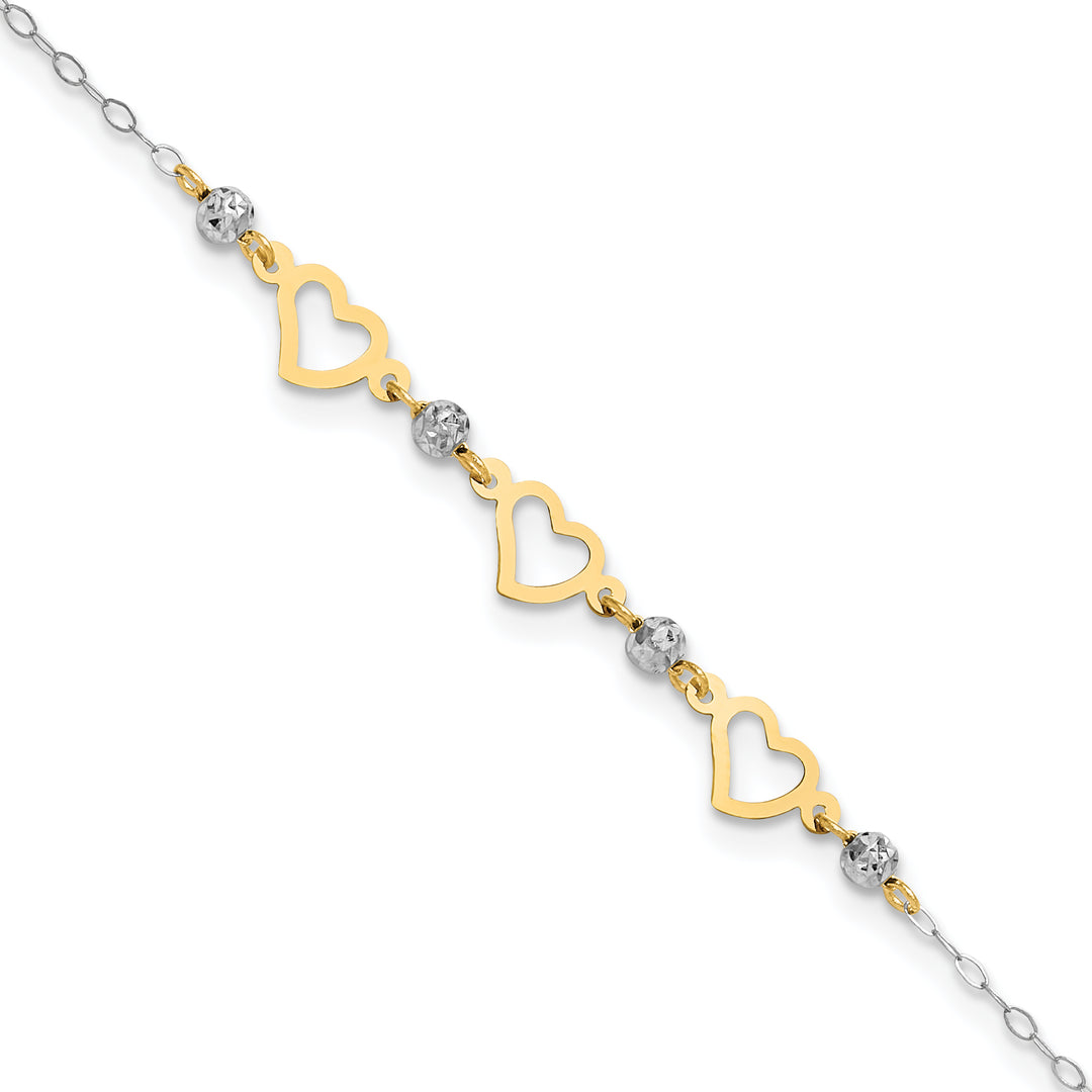 14K Two-tone Oval Link Diamond-cut Beads and Heart 9in Plus 1in Ext Anklet