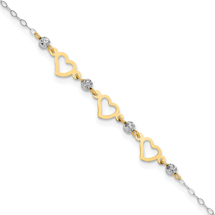 14K Two-tone Oval Link Diamond-cut Beads and Heart 9in Plus 1in Ext Anklet