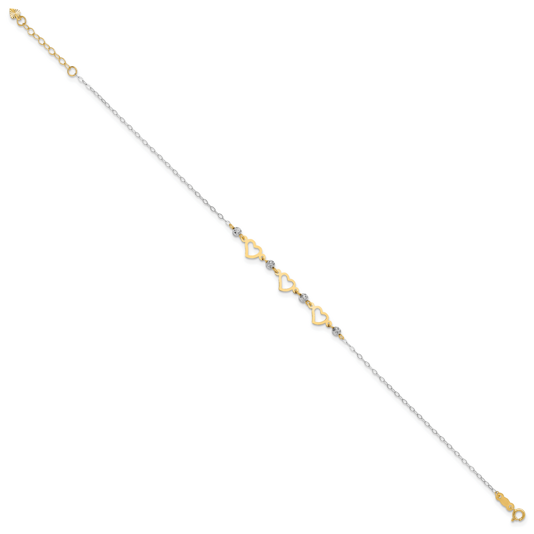 14K Two-tone Oval Link Diamond-cut Beads and Heart 9in Plus 1in Ext Anklet