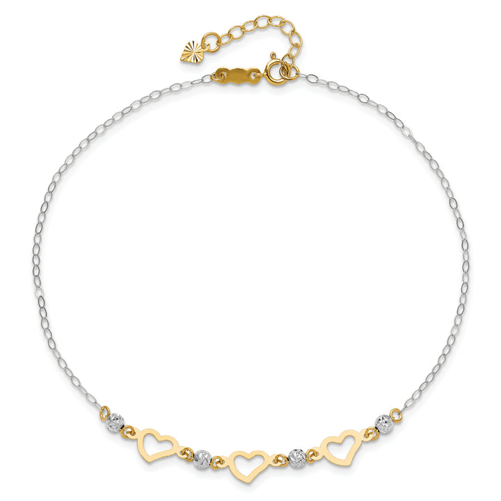 14K Two-tone Oval Link Diamond-cut Beads and Heart 9in Plus 1in Ext Anklet
