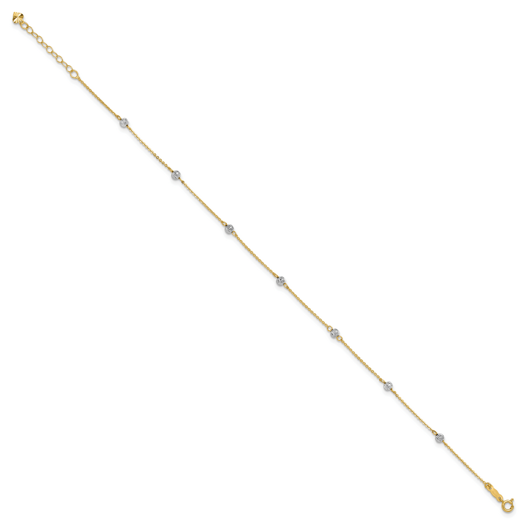 14K Two-tone Diamond-cut Beads 9in Plus 1in Ext. Anklet