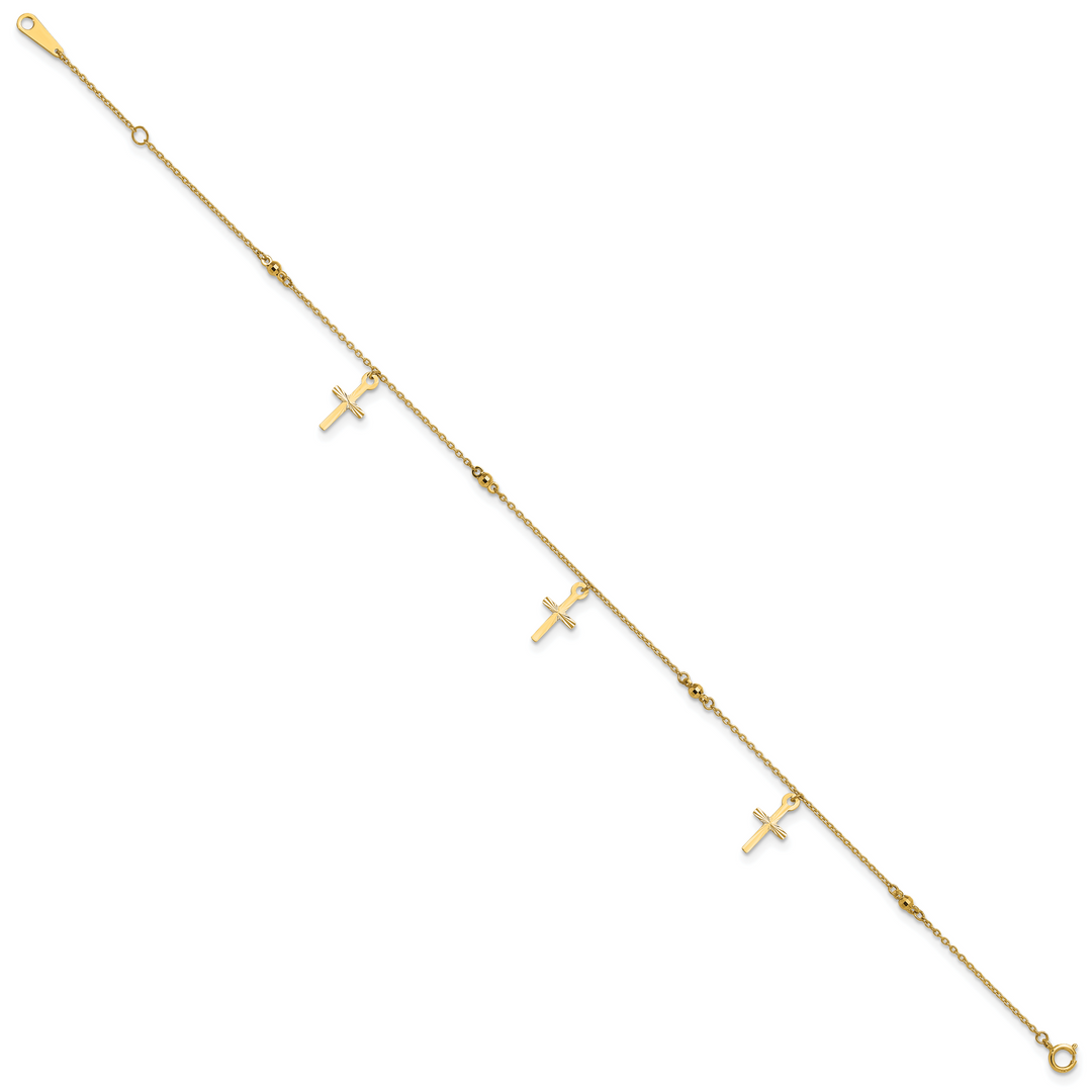 14k Polished and Diamond-cut Cross 9in Plus 1in ext. Anklet