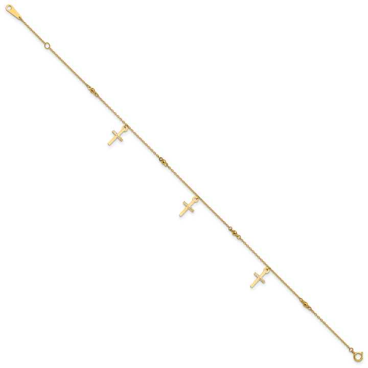 14k Polished and Diamond-cut Cross 9in Plus 1in ext. Anklet
