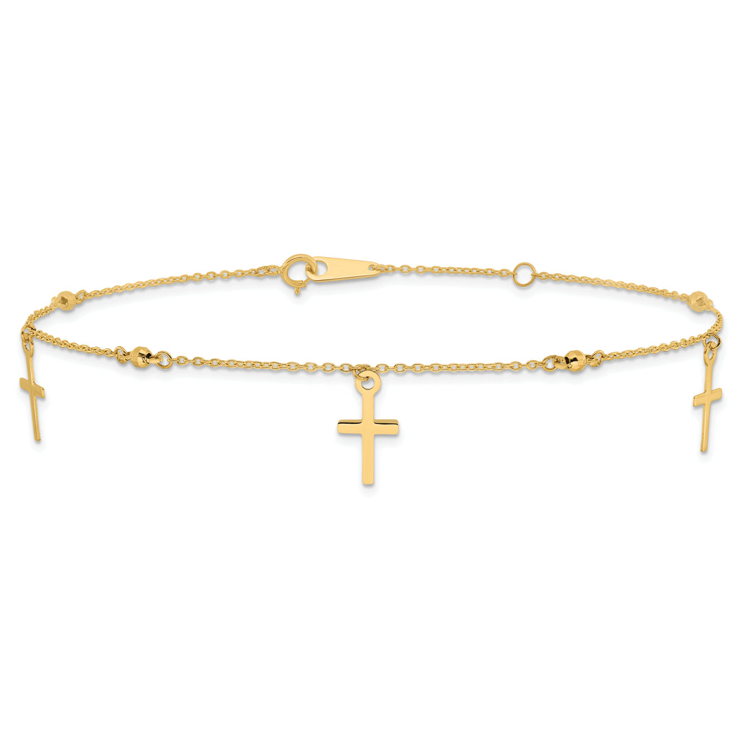 14k Polished and Diamond-cut Cross 9in Plus 1in ext. Anklet