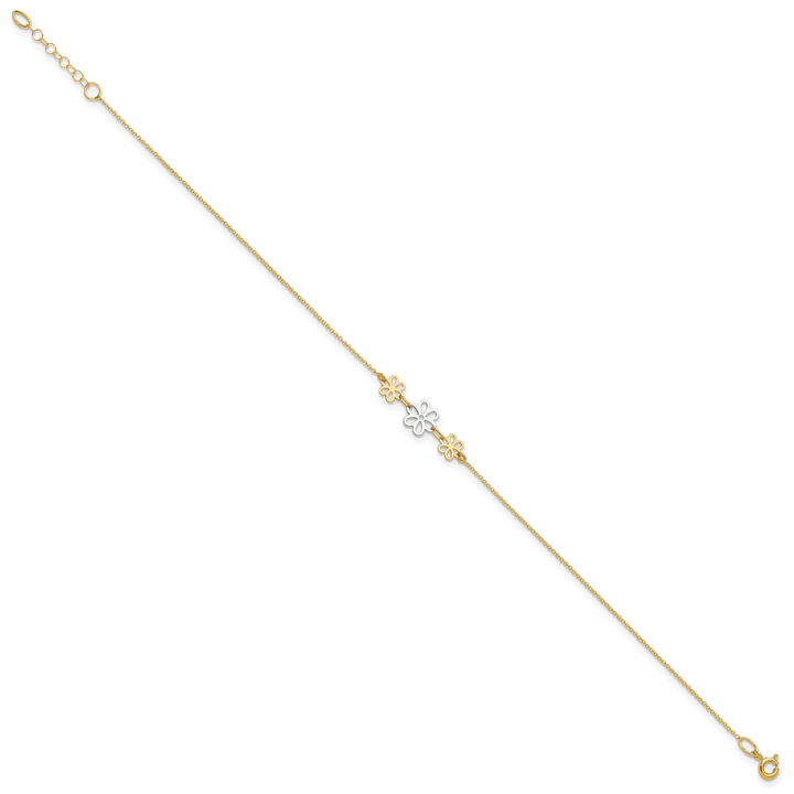 14K Two-tone Polished Three Flower 9in Plus 1in ext Anklet