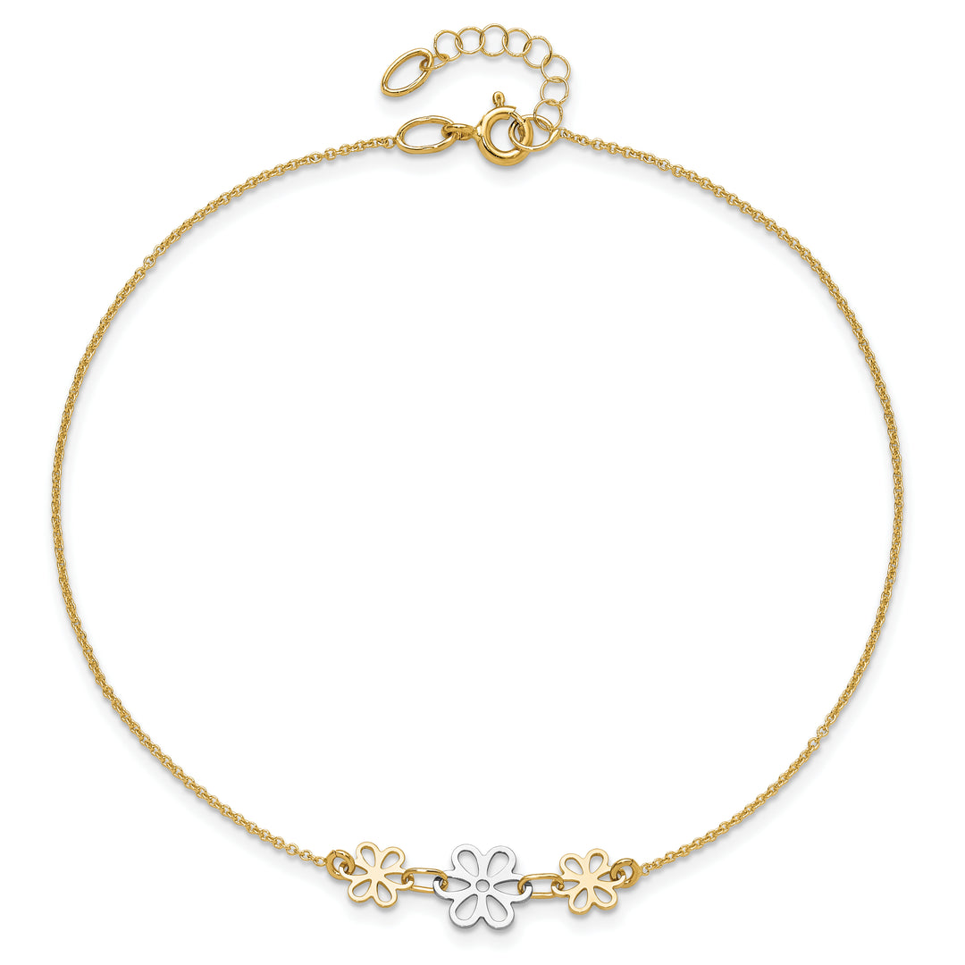 14K Two-tone Polished Three Flower 9in Plus 1in ext Anklet
