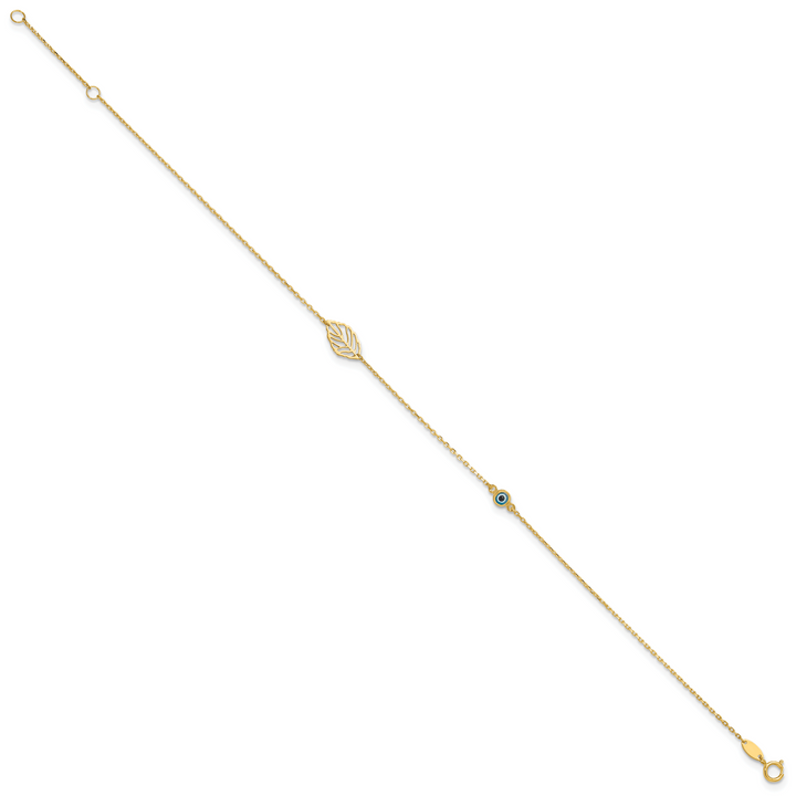 14k Leaf and Glass Eye Bead 9in Plus 1in Ext  Anklet