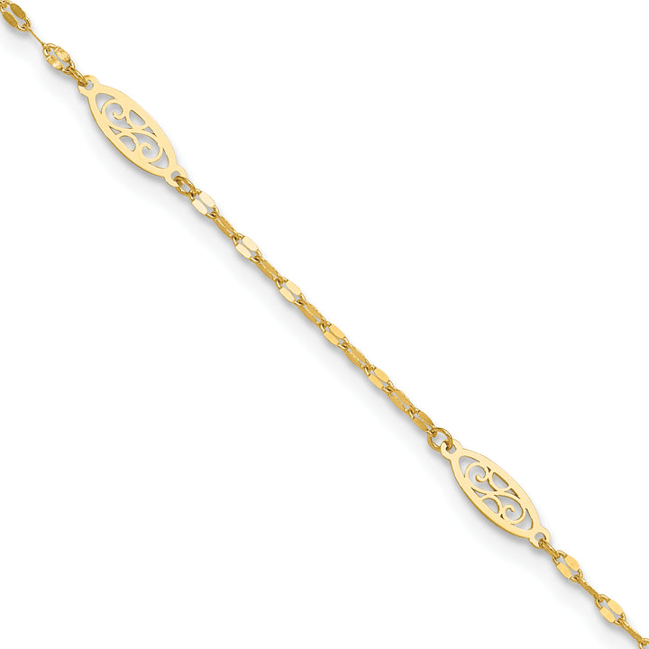 14K Polished Fancy Filigree Link 9in Plus 1 in ext. Anklet