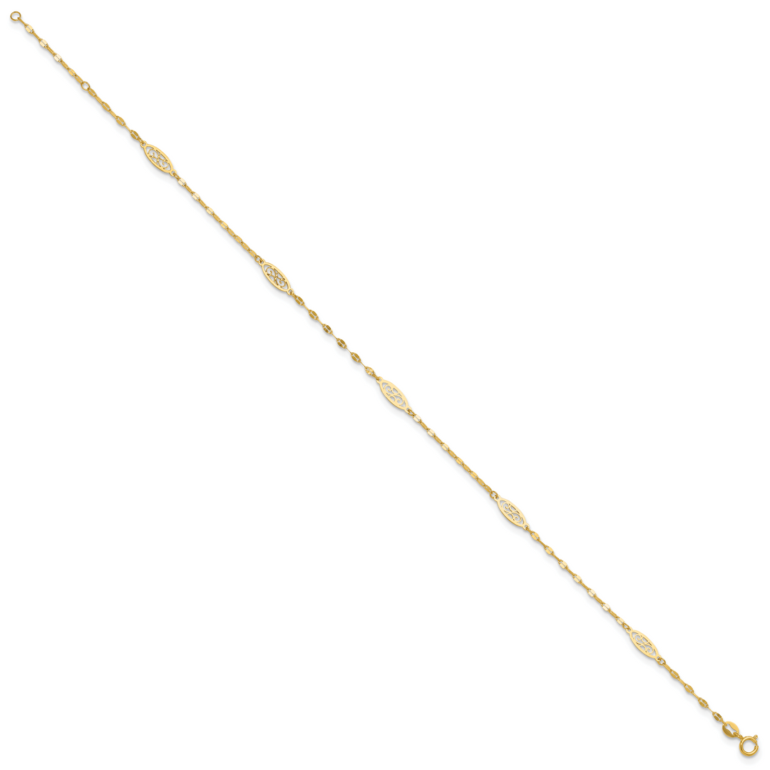 14K Polished Fancy Filigree Link 9in Plus 1 in ext. Anklet