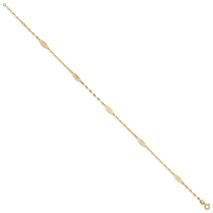 14K Polished Fancy Filigree Link 9in Plus 1 in ext. Anklet