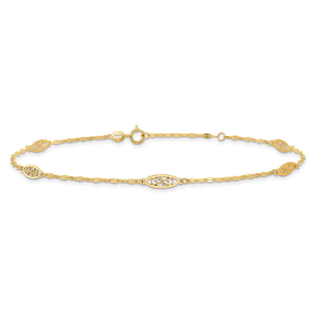 14K Polished Fancy Filigree Link 9in Plus 1 in ext. Anklet