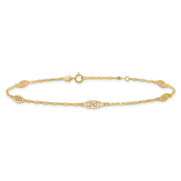 14K Polished Fancy Filigree Link 9in Plus 1 in ext. Anklet