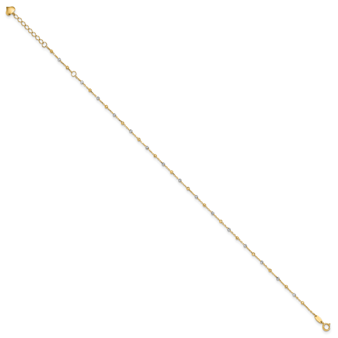 14K Two-tone Polished and Diamond-cut Beads 10in Plus 1in ext. Anklet