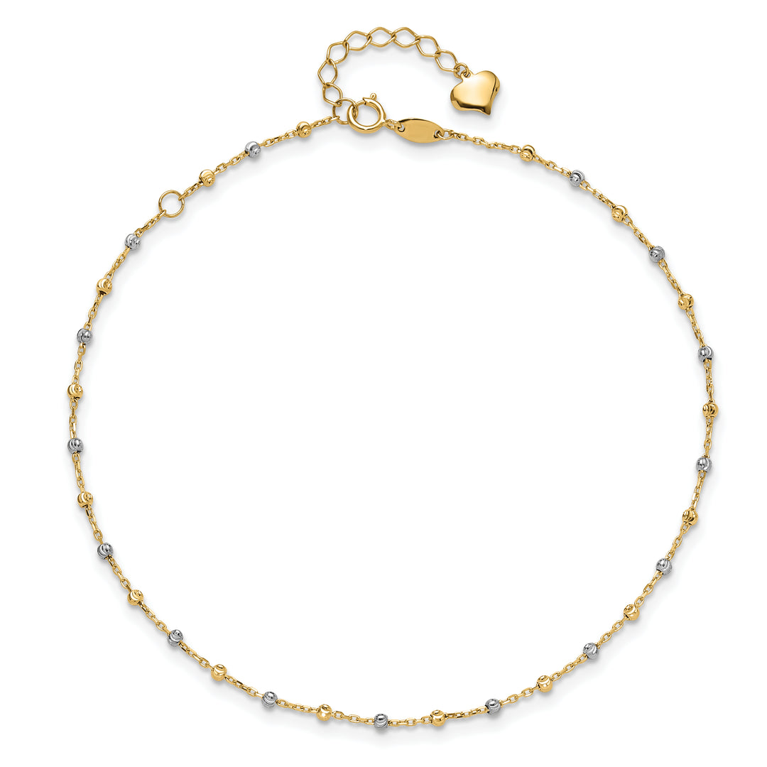 14K Two-tone Polished and Diamond-cut Beads 10in Plus 1in ext. Anklet