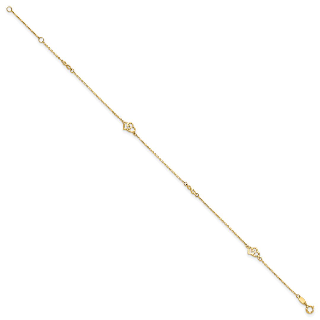 14k Polished Hearts and Infinity 9in Plus 1in ext. Anklet