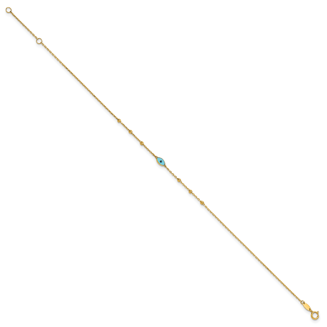 14k Diamond-cut Stations Blue Glass Evil Eye 9in Plus 1in ext. Anklet
