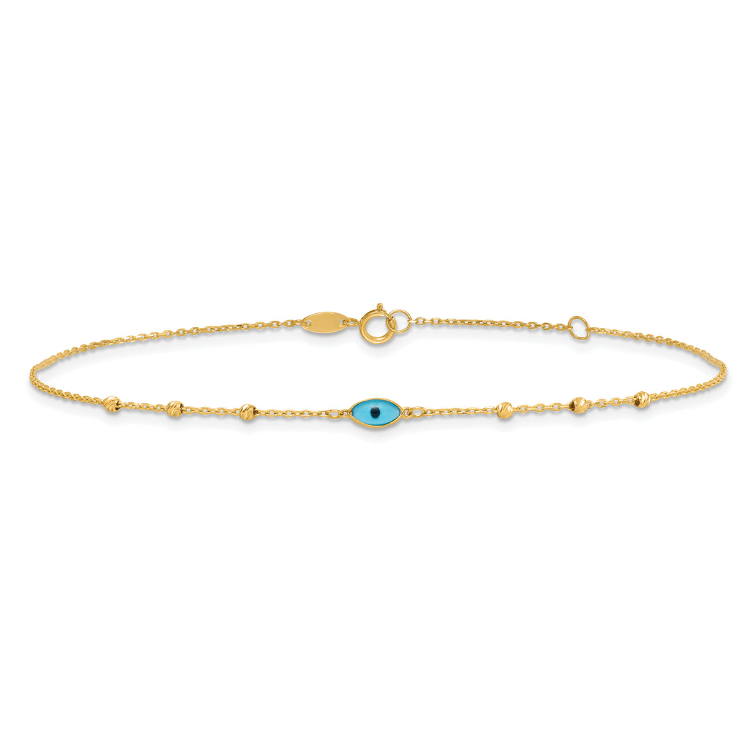 14k Diamond-cut Stations Blue Glass Evil Eye 9in Plus 1in ext. Anklet