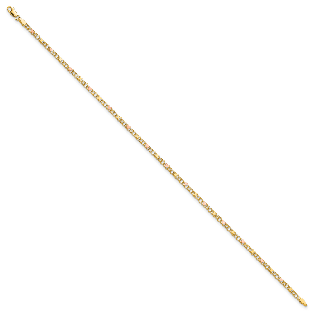 14k and Rose Xs and Hearts 10in Anklet