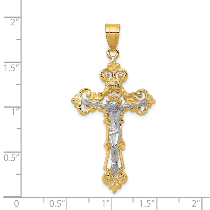14k Two-tone INRI Fleur De Lis Crucifix Pendant