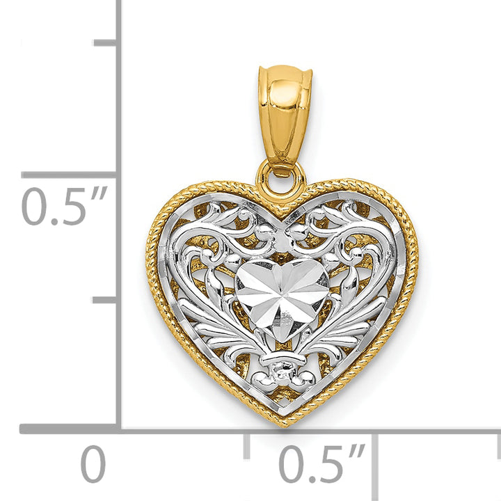 14K Two-tone Polished Diamond-cut Reversible Heart Pendant