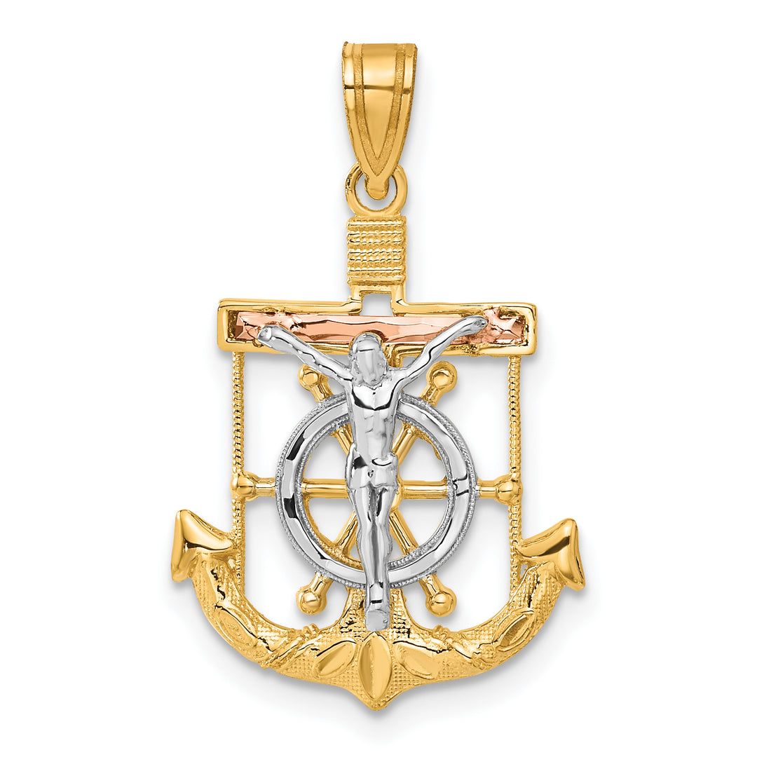 14k Tri-color Diamond-cut w/Textured Mariners Crucifix Pendant